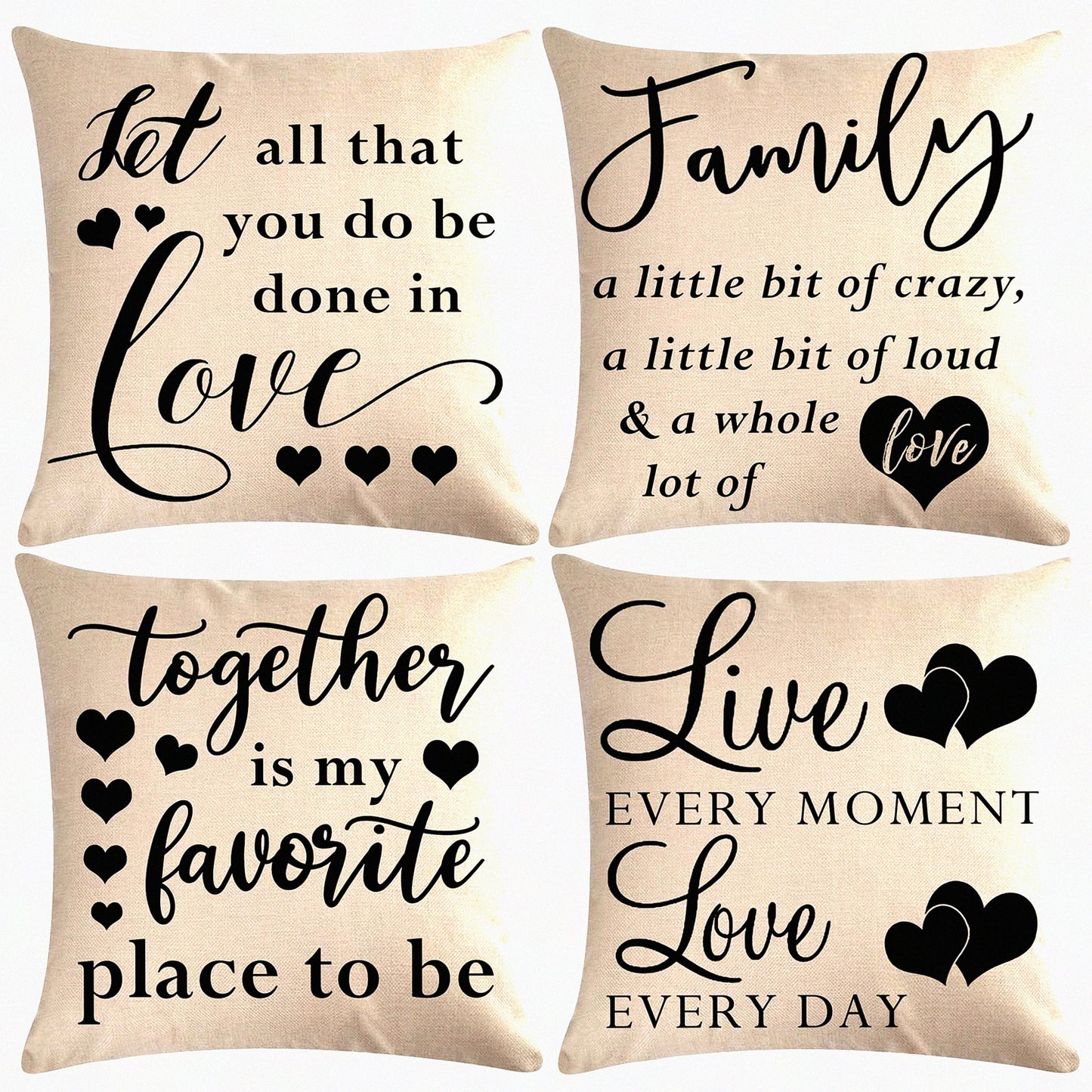 Rustic Love Family Quotes Pillow Covers - Set of 4 Inspirational Farmhouse Cushion Cover with Heart Design - 18" x 18" Decorative Pillowcases for Housewarming Gifts