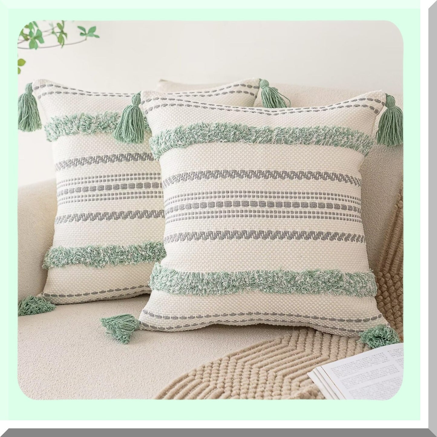 Tufted Farmhouse Striped Pillow Covers - Set of 2 Woven Boho Cushion Cases for Couch & Bed, Textured Neutral Decorative Pillowcase 18x18 Light Green