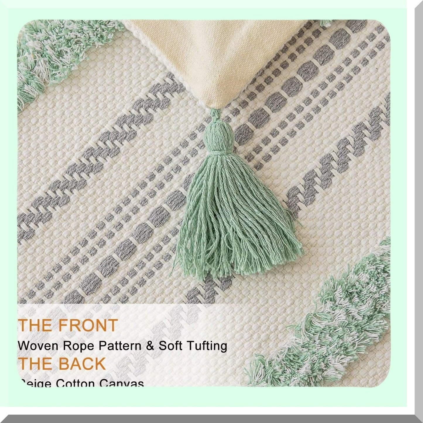 Tufted Farmhouse Striped Pillow Covers - Set of 2 Woven Boho Cushion Cases for Couch & Bed, Textured Neutral Decorative Pillowcase 18x18 Light Green