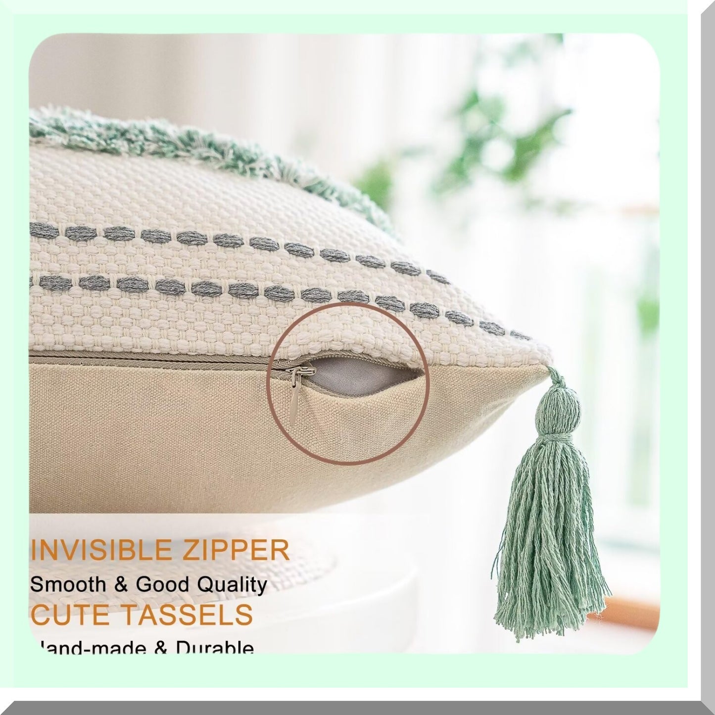 Tufted Farmhouse Striped Pillow Covers - Set of 2 Woven Boho Cushion Cases for Couch & Bed, Textured Neutral Decorative Pillowcase 18x18 Light Green