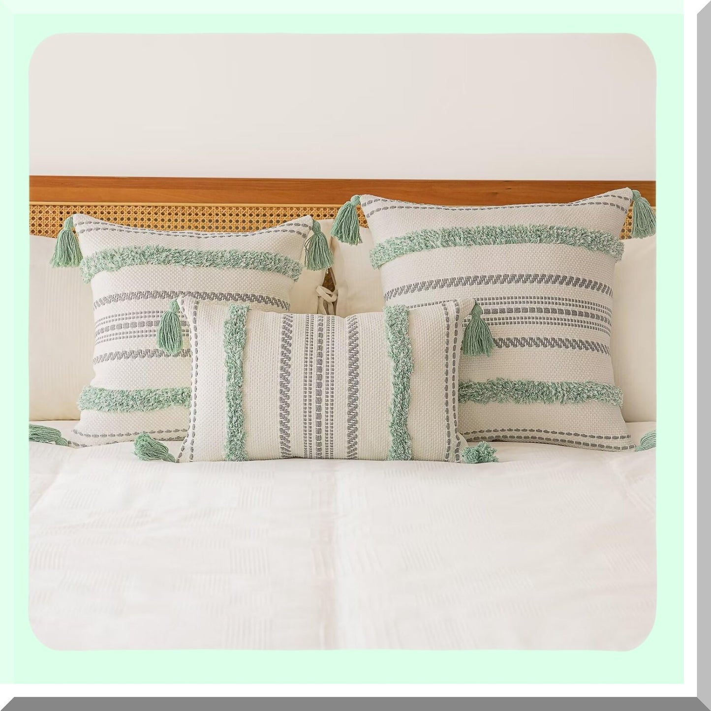 Tufted Farmhouse Striped Pillow Covers - Set of 2 Woven Boho Cushion Cases for Couch & Bed, Textured Neutral Decorative Pillowcase 18x18 Light Green
