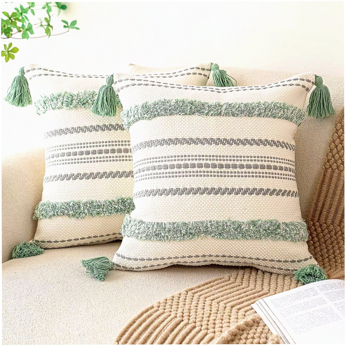 Tufted Farmhouse Striped Pillow Covers - Set of 2 Woven Boho Cushion Cases for Couch & Bed, Textured Neutral Decorative Pillowcase 18x18 Light Green