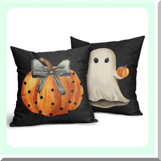 Spooky Pumpkin Ghost Pillow Cover Set - 18x18 Inch Black Cotton Linen Throw Case for Home Decor, Couch Sofa, Outdoor Holiday Party