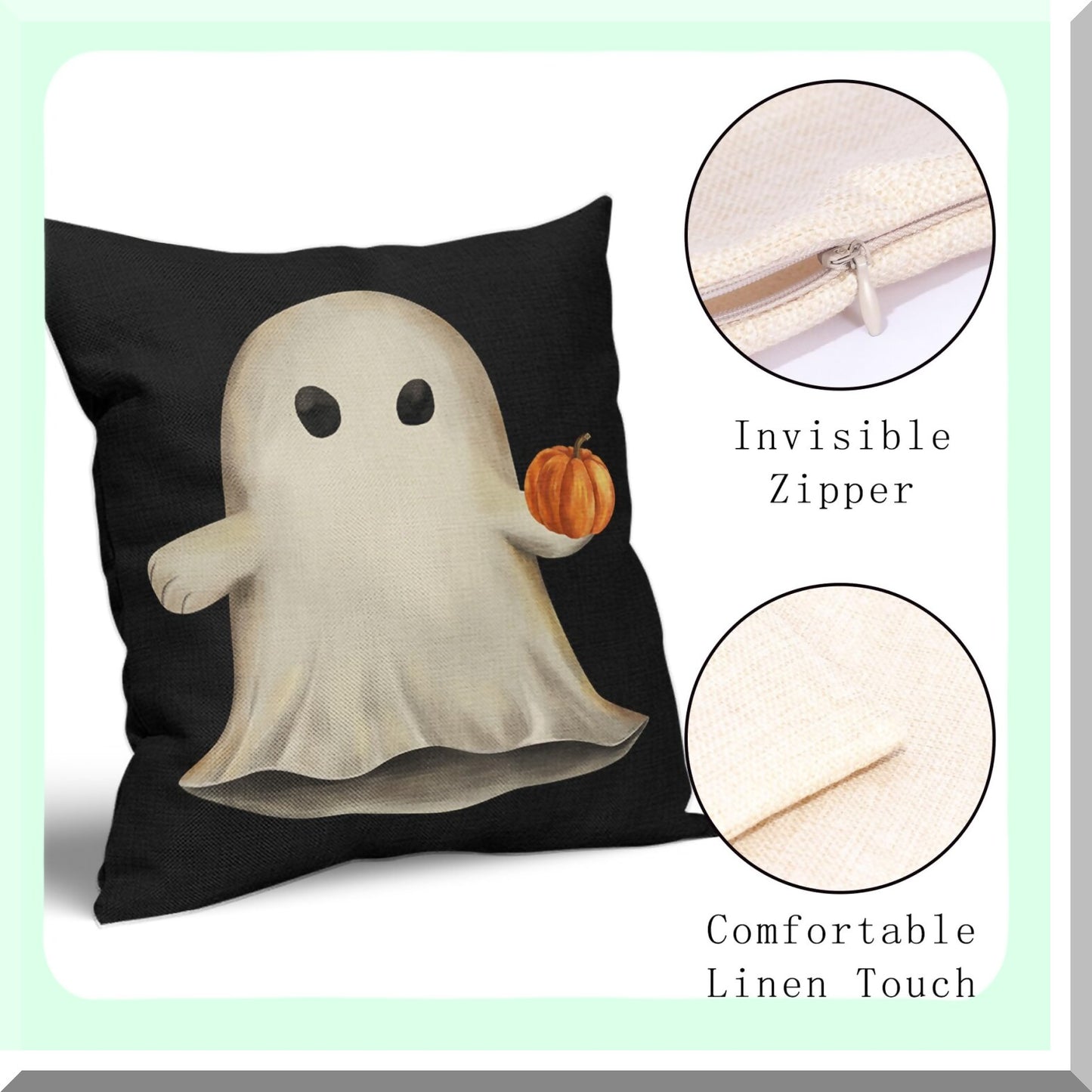 Spooky Pumpkin Ghost Pillow Cover Set - 18x18 Inch Black Cotton Linen Throw Case for Home Decor, Couch Sofa, Outdoor Holiday Party