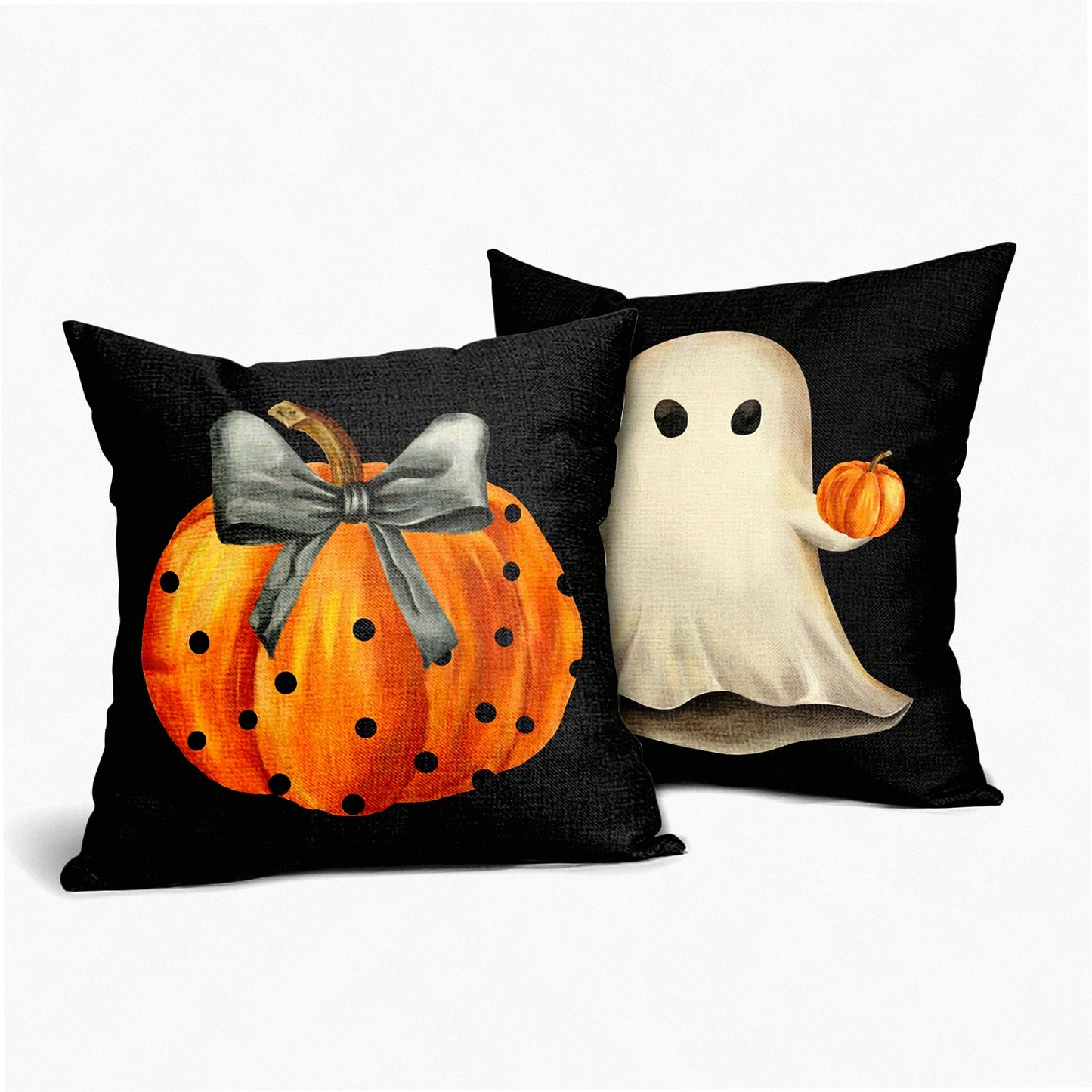 Spooky Pumpkin Ghost Pillow Cover Set - 18x18 Inch Black Cotton Linen Throw Case for Home Decor, Couch Sofa, Outdoor Holiday Party