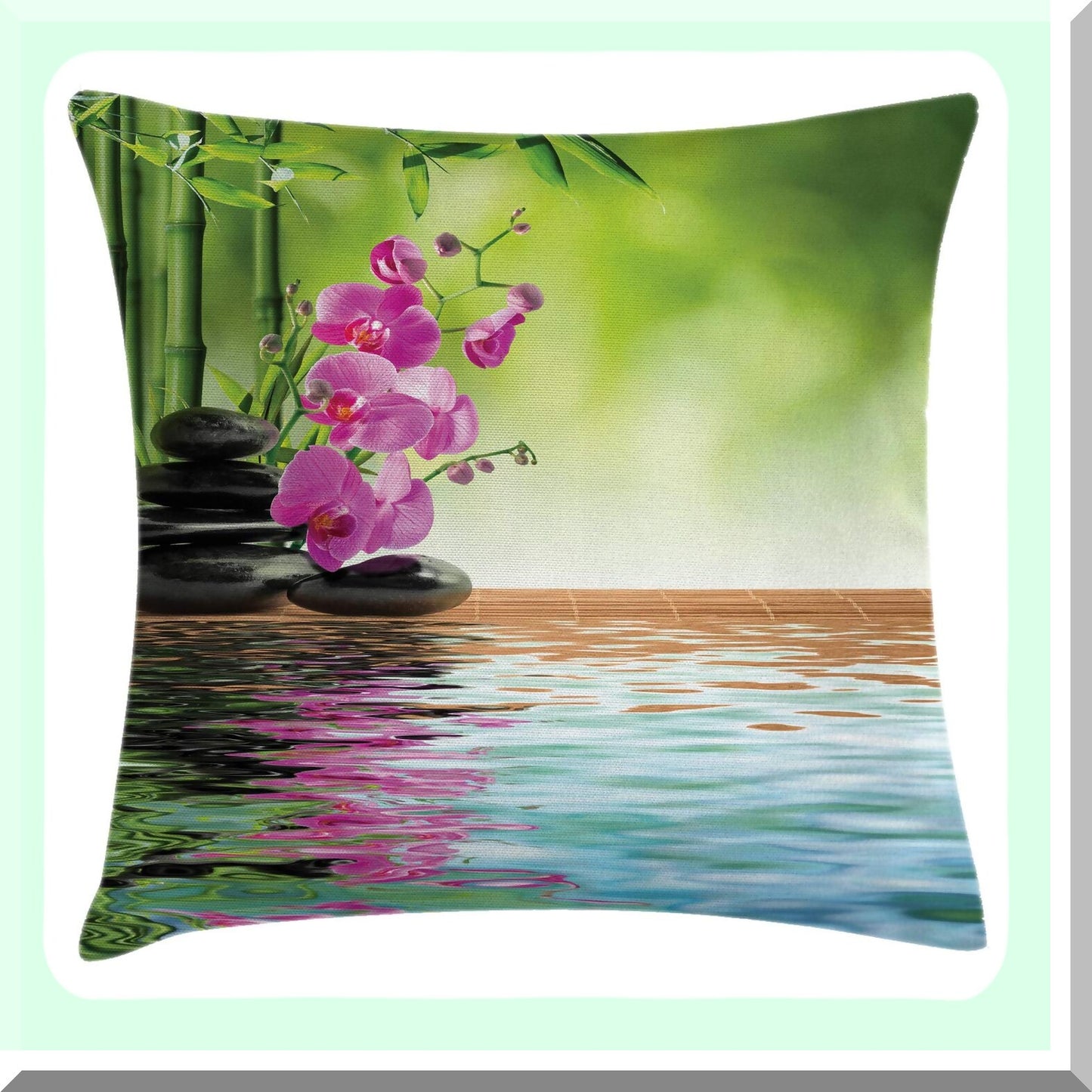 Orchid Oasis Decorative Pillow Cover - Spa Themed Cushion with Exotic Branches, Pebble Stones, and Water Image - 18" X 18" Square Accent Case in Fern Green and Fuchsia