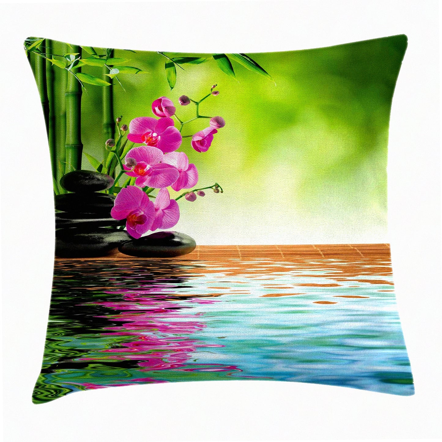 Orchid Oasis Decorative Pillow Cover - Spa Themed Cushion with Exotic Branches, Pebble Stones, and Water Image - 18" X 18" Square Accent Case in Fern Green and Fuchsia