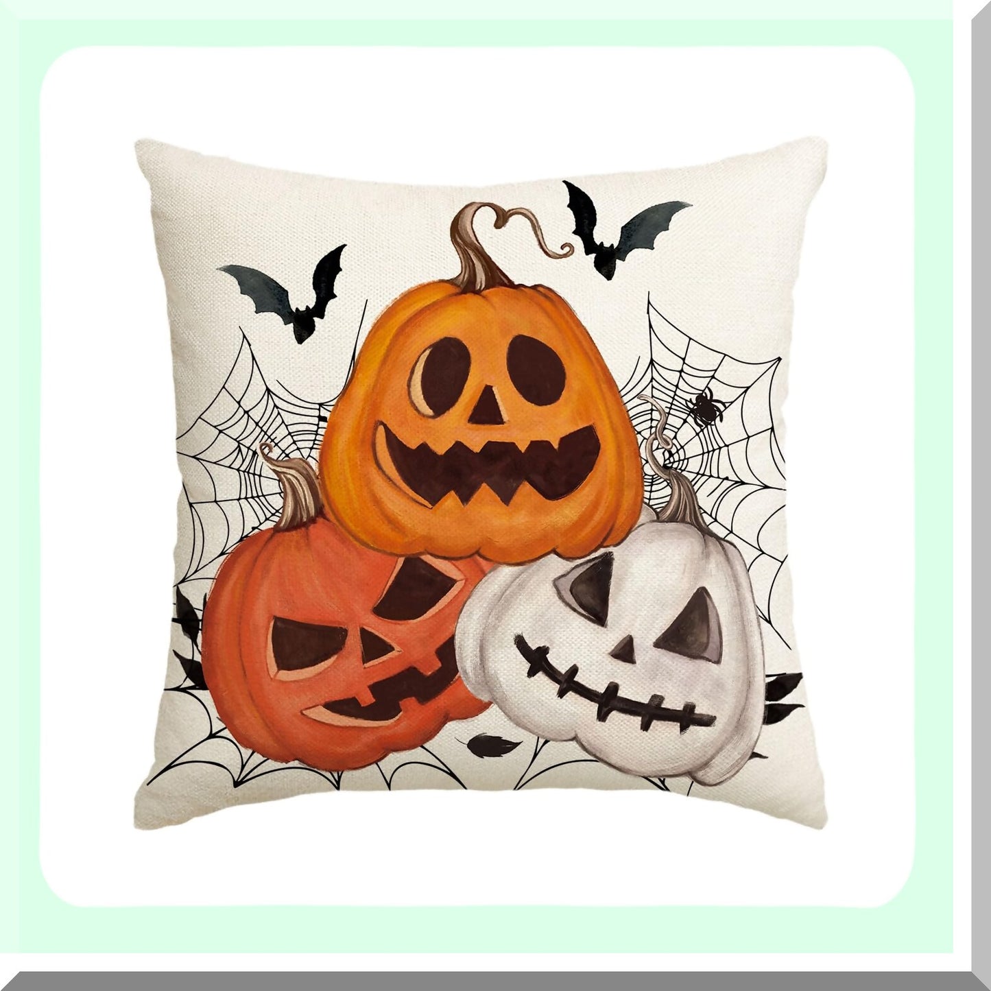 Spooky Halloween Pumpkin Bat Throw Pillow Cover - 18x18 Inch Farmhouse Cushion Case for Sofa Couch - Holiday Decoration