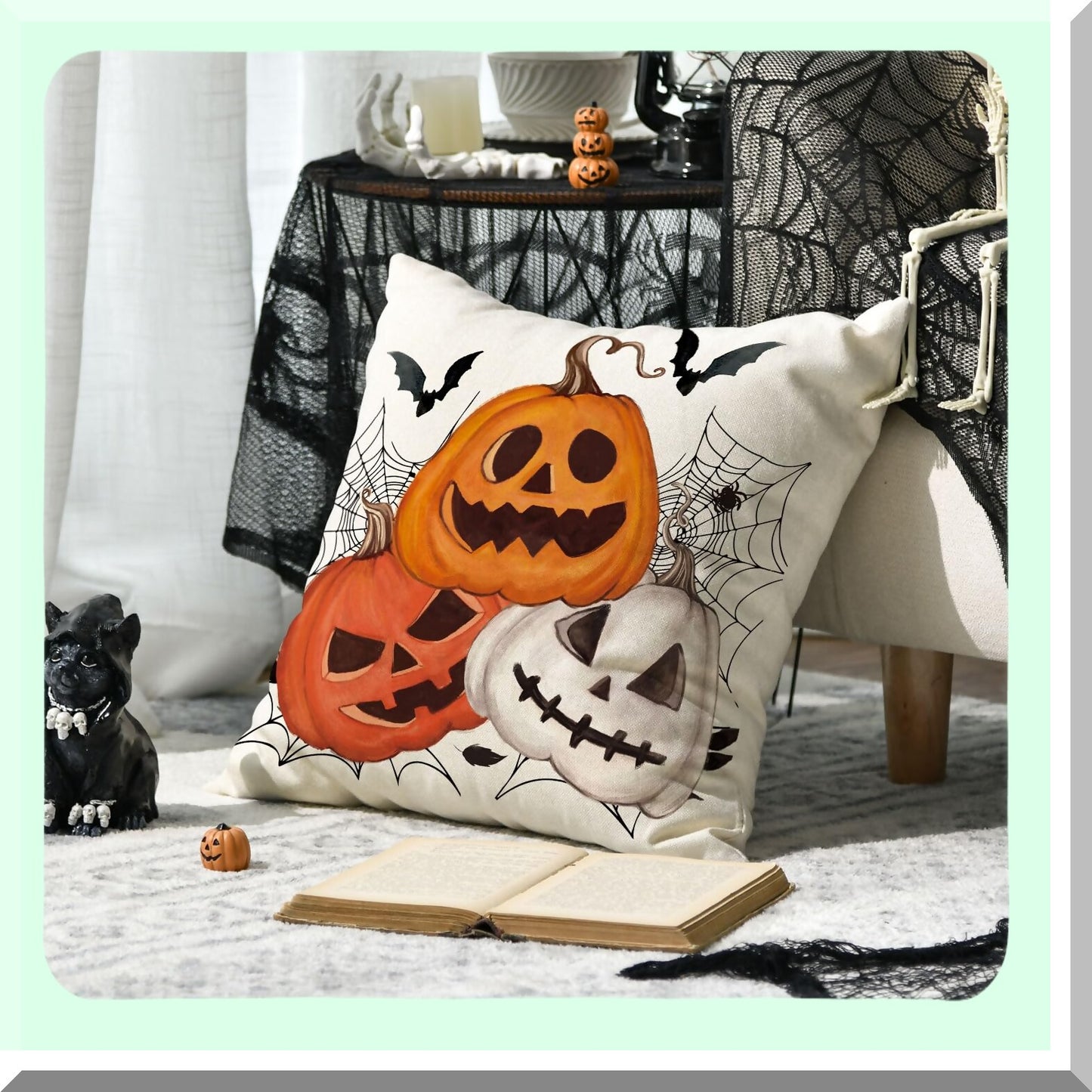 Spooky Halloween Pumpkin Bat Throw Pillow Cover - 18x18 Inch Farmhouse Cushion Case for Sofa Couch - Holiday Decoration