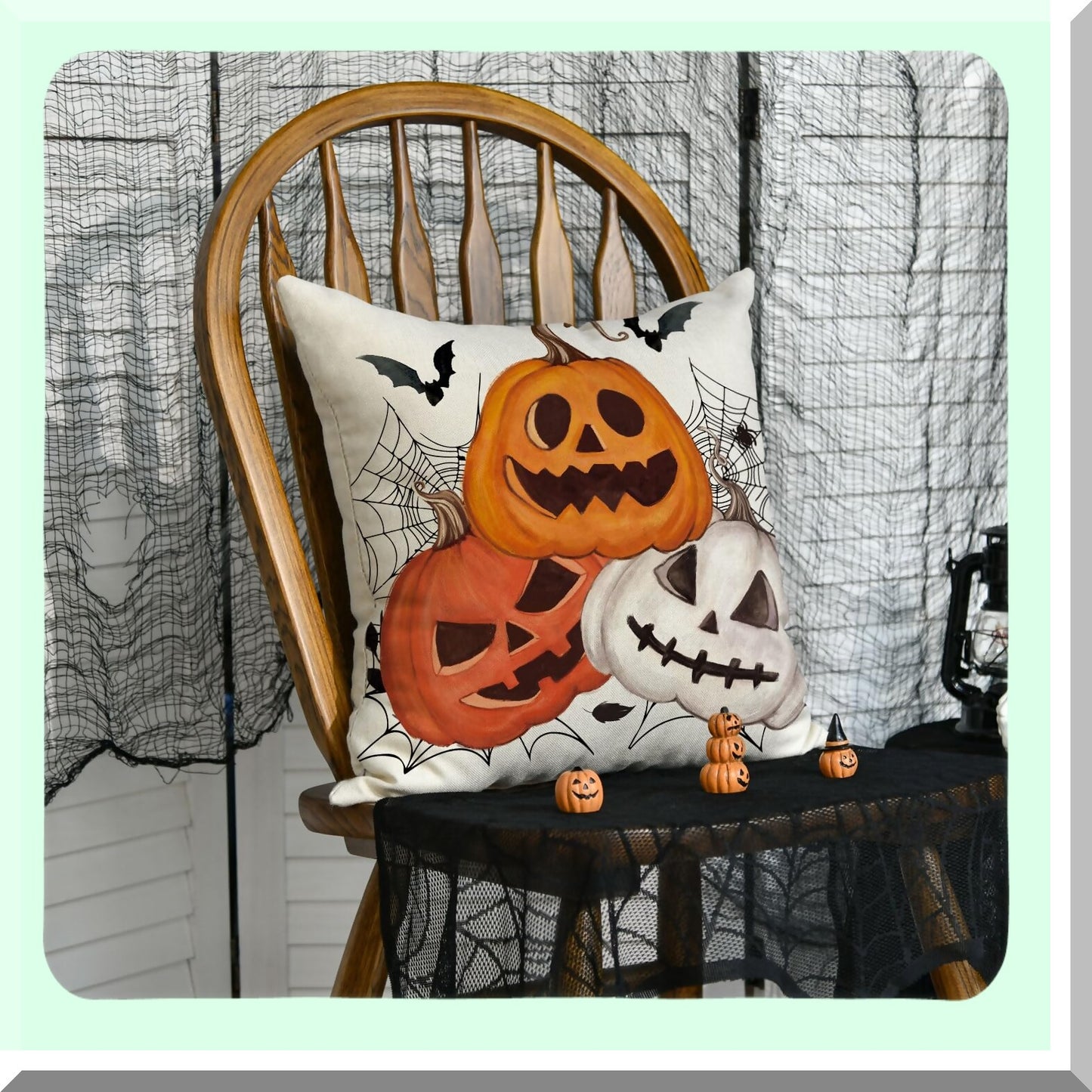 Spooky Halloween Pumpkin Bat Throw Pillow Cover - 18x18 Inch Farmhouse Cushion Case for Sofa Couch - Holiday Decoration