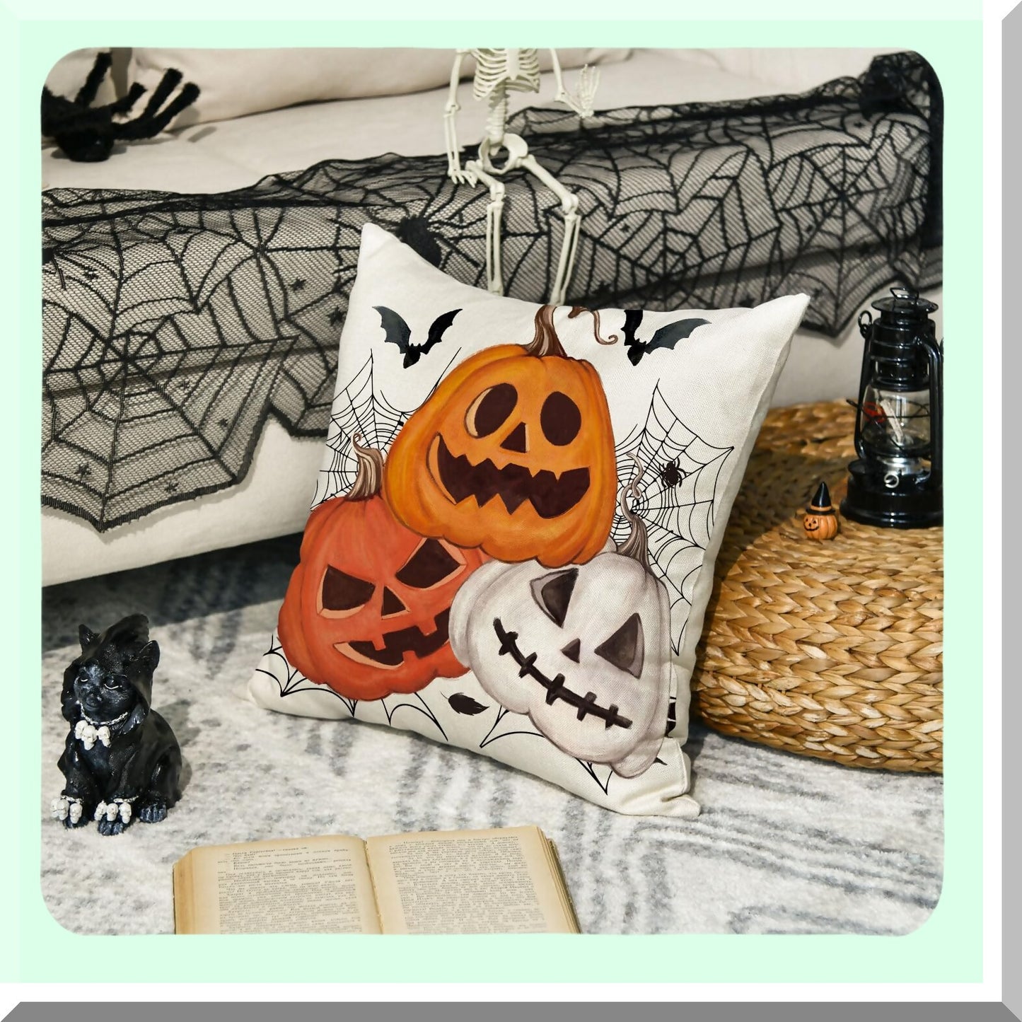 Spooky Halloween Pumpkin Bat Throw Pillow Cover - 18x18 Inch Farmhouse Cushion Case for Sofa Couch - Holiday Decoration