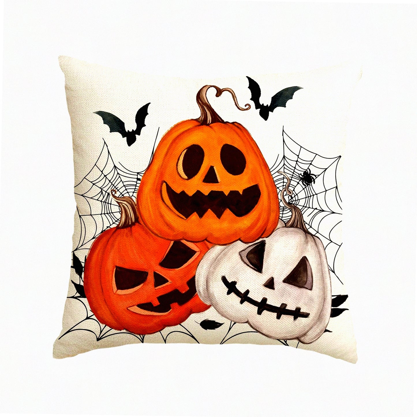 Spooky Halloween Pumpkin Bat Throw Pillow Cover - 18x18 Inch Farmhouse Cushion Case for Sofa Couch - Holiday Decoration