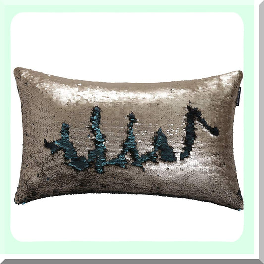 Shimmering Mermaid Sequin Reversible Pillow Cover - Antique Gold & Atlantis Blue Decorative Cushion for Sofa, Couch, Bed - Glitter Party White Gift - 12X20