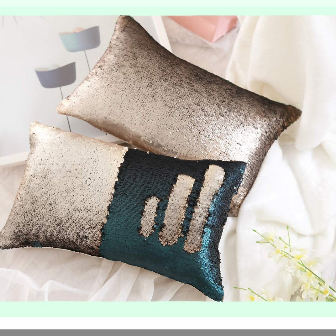 Shimmering Mermaid Sequin Reversible Pillow Cover - Antique Gold & Atlantis Blue Decorative Cushion for Sofa, Couch, Bed - Glitter Party White Gift - 12X20