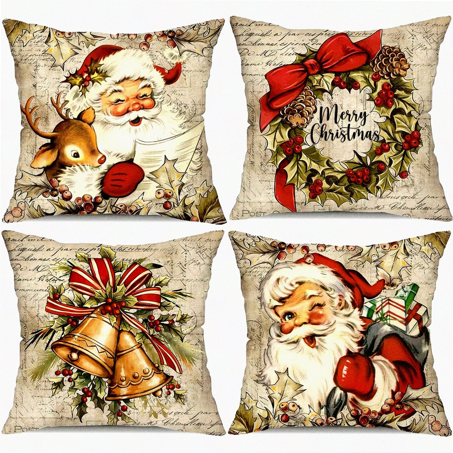 Winter Wonderland Reindeer Pillow Covers Set - 18x18 Inch Vintage Farmhouse Decor - Set of 4 Retro Christmas Throw Pillow Covers for Home Couch