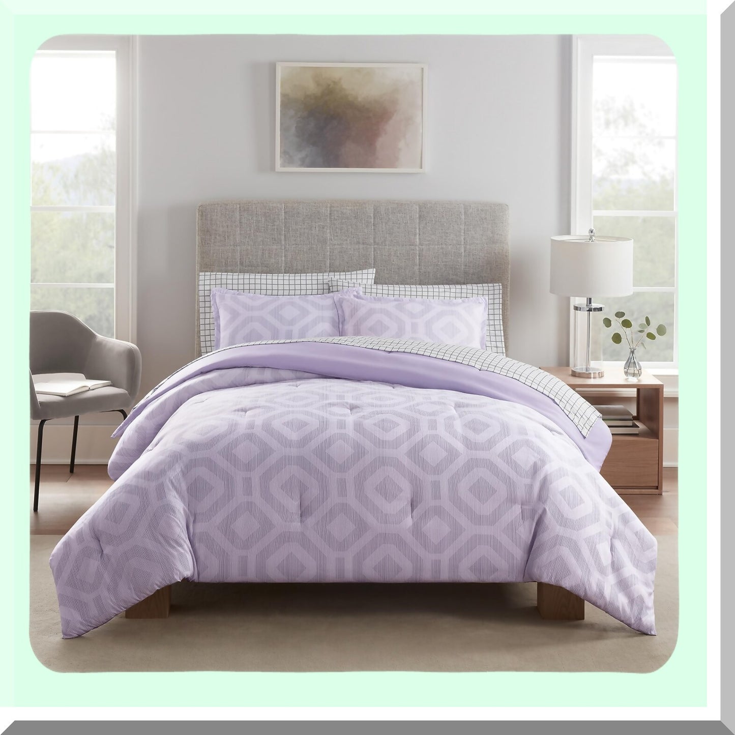 Lavender Dream 7-Piece Geometric Comforter Set - Complete Bedding with Sheets & Pillow Case for All Seasons - Queen Size - Simply Clean & Skyler Soft