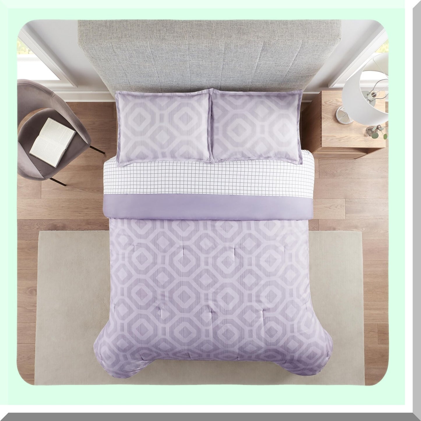 Lavender Dream 7-Piece Geometric Comforter Set - Complete Bedding with Sheets & Pillow Case for All Seasons - Queen Size - Simply Clean & Skyler Soft