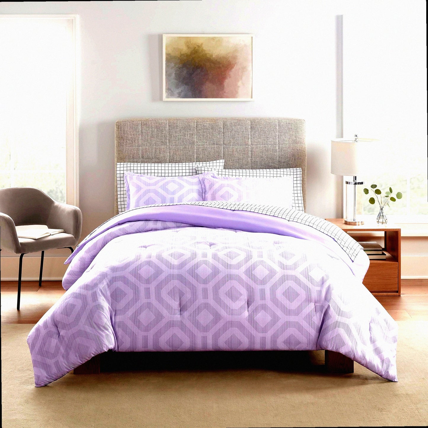 Lavender Dream 7-Piece Geometric Comforter Set - Complete Bedding with Sheets & Pillow Case for All Seasons - Queen Size - Simply Clean & Skyler Soft
