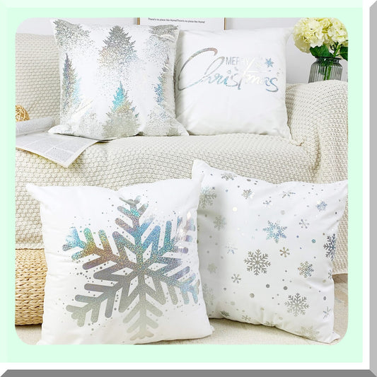 Snowflake Silver Stamping Pillow Cover Set - Pack of 4 Decorative Throw Cushion Cases for Couch, Bedroom, Car - 18x18 inches