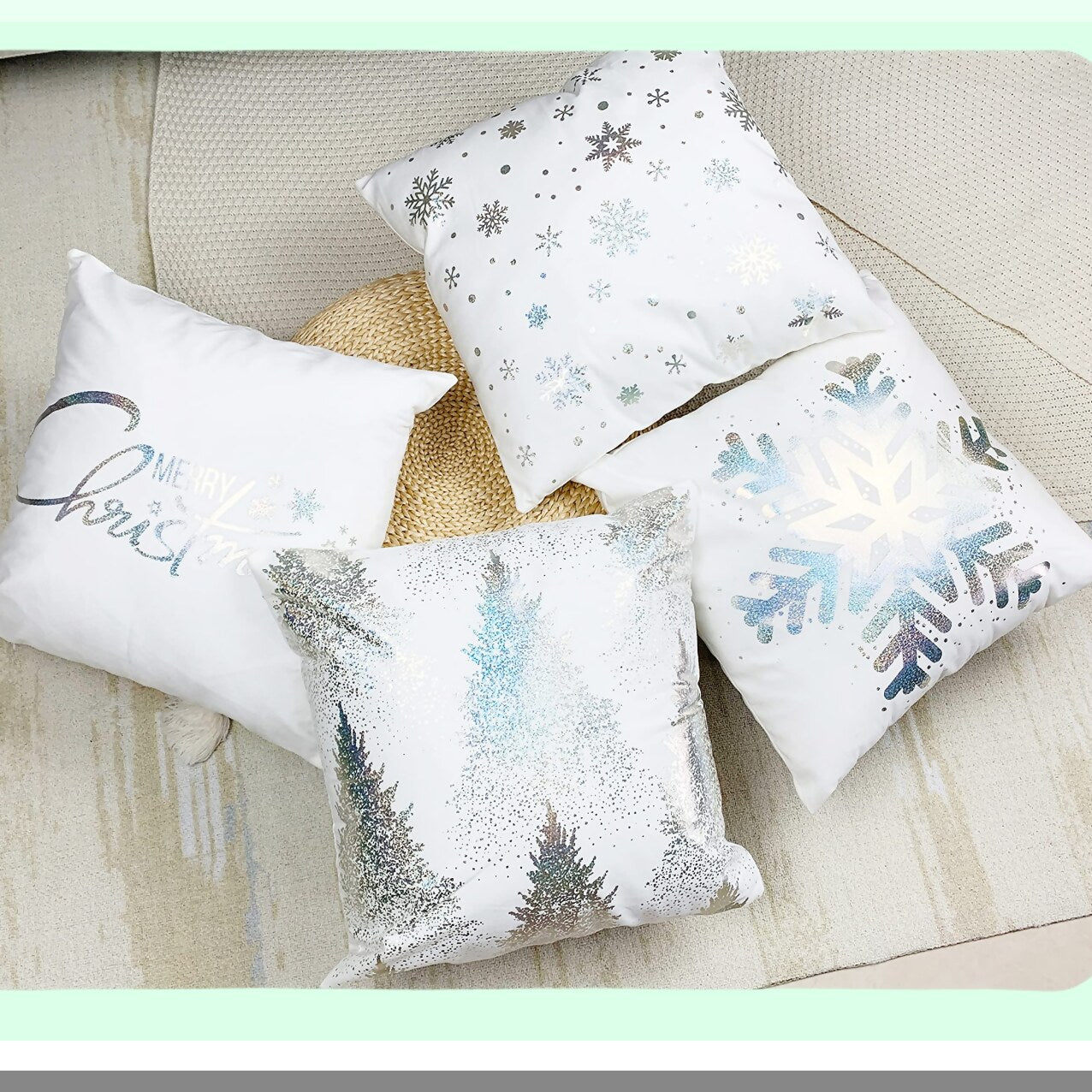 Snowflake Silver Stamping Pillow Cover Set - Pack of 4 Decorative Throw Cushion Cases for Couch, Bedroom, Car - 18x18 inches