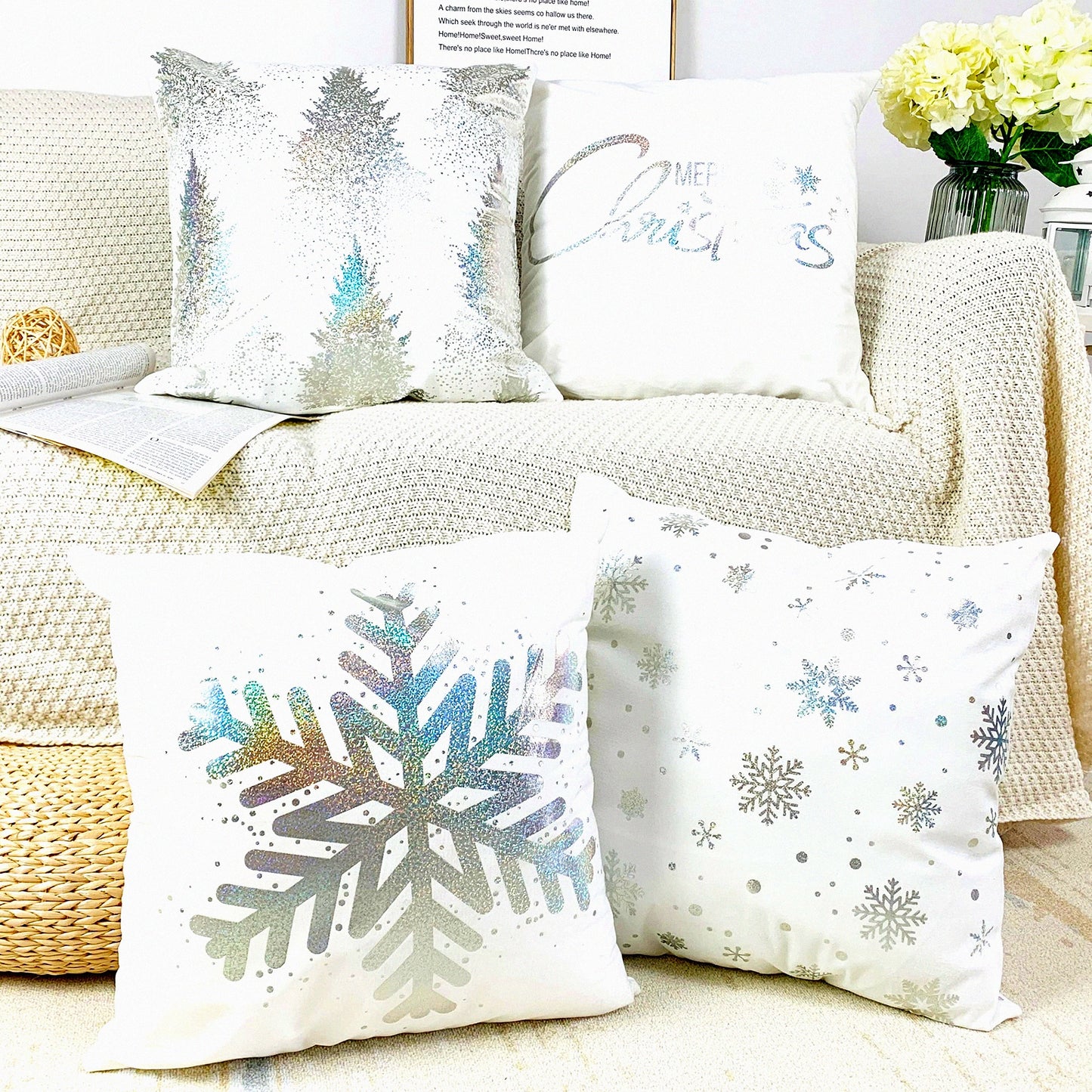 Snowflake Silver Stamping Pillow Cover Set - Pack of 4 Decorative Throw Cushion Cases for Couch, Bedroom, Car - 18x18 inches