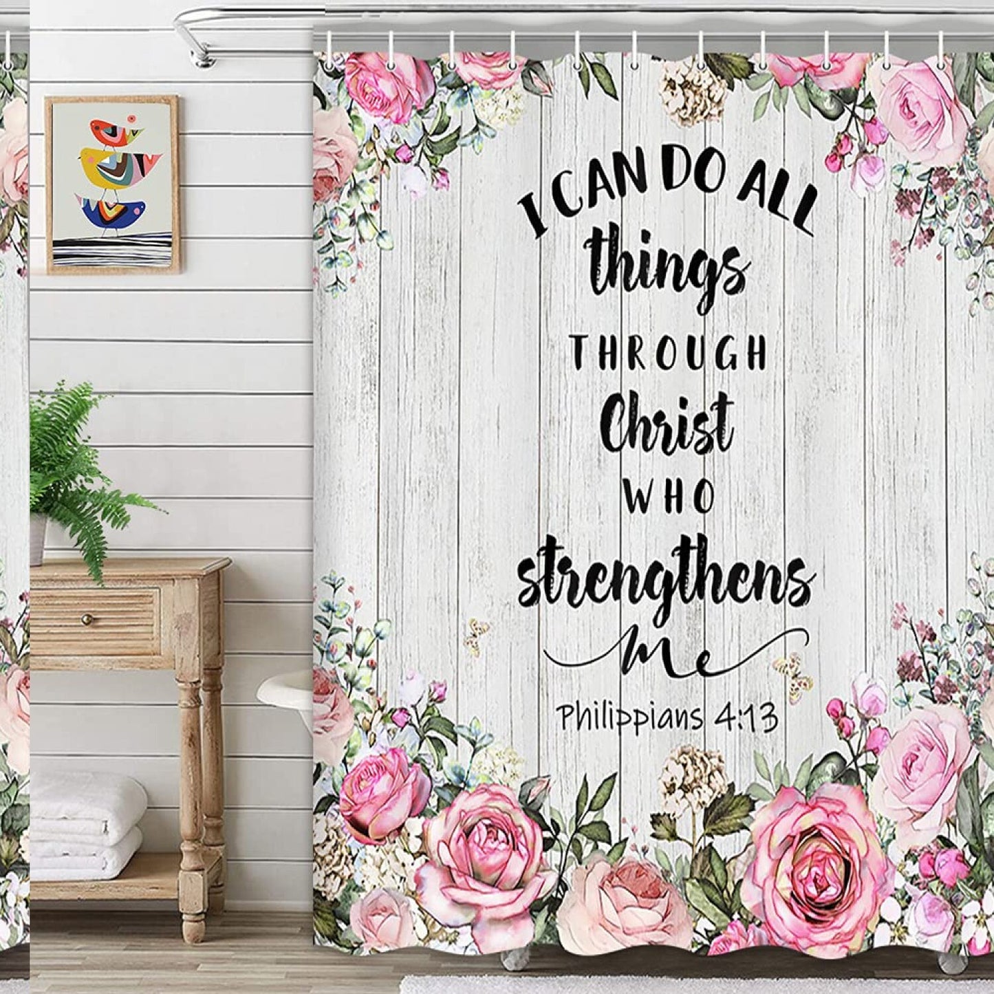 Rustic Wooden Shower Curtain with Floral and Bible Verse
