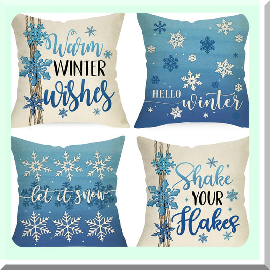 Winter Wonderland Snowflake Pillow Covers - Set of 4 | Shake Your Hakes Blue Cushion Cases | Let It Snow Holiday Decor - 18x18 | Seasonal Home Decoration - Warm Winter Wishes