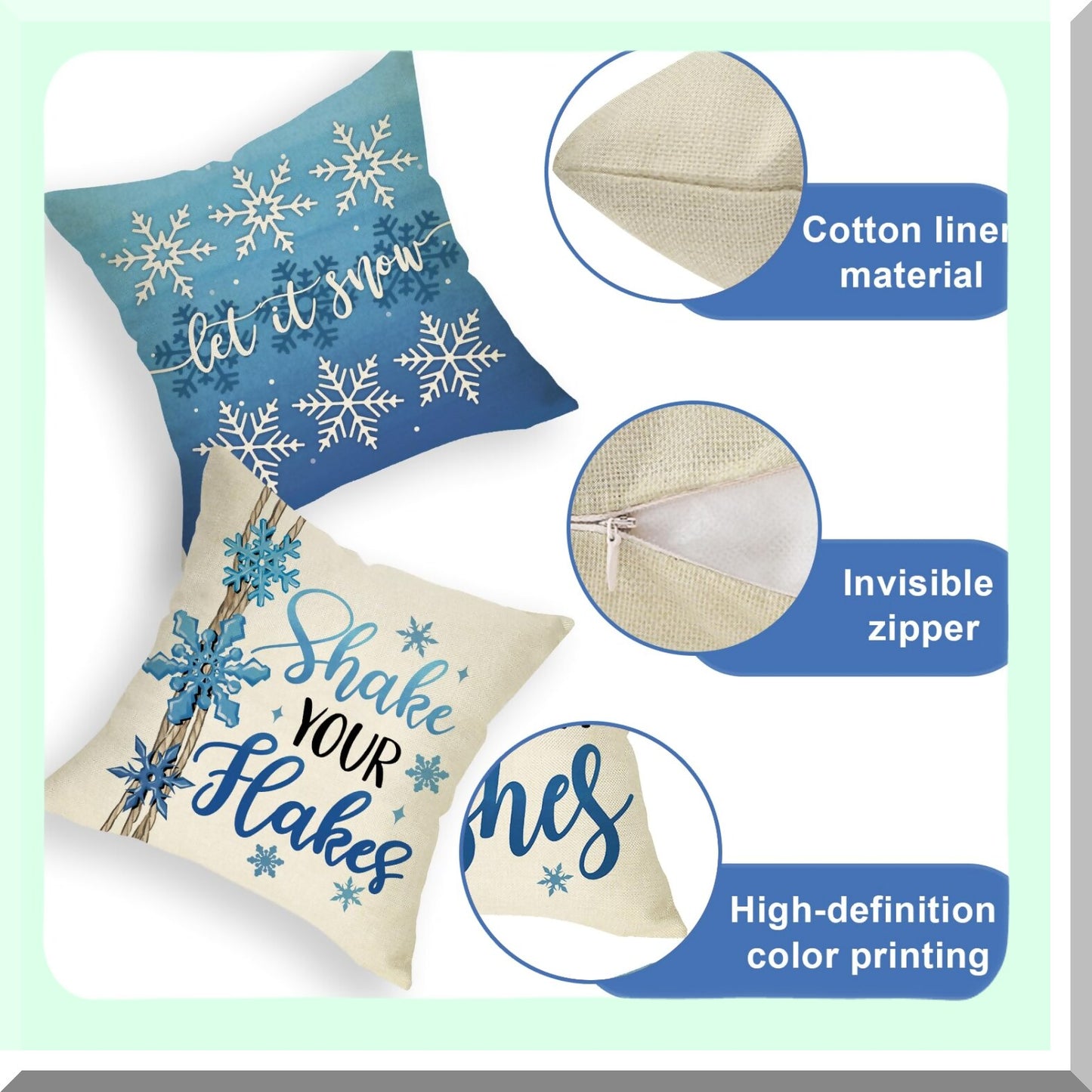 Winter Wonderland Snowflake Pillow Covers - Set of 4 | Shake Your Hakes Blue Cushion Cases | Let It Snow Holiday Decor - 18x18 | Seasonal Home Decoration - Warm Winter Wishes