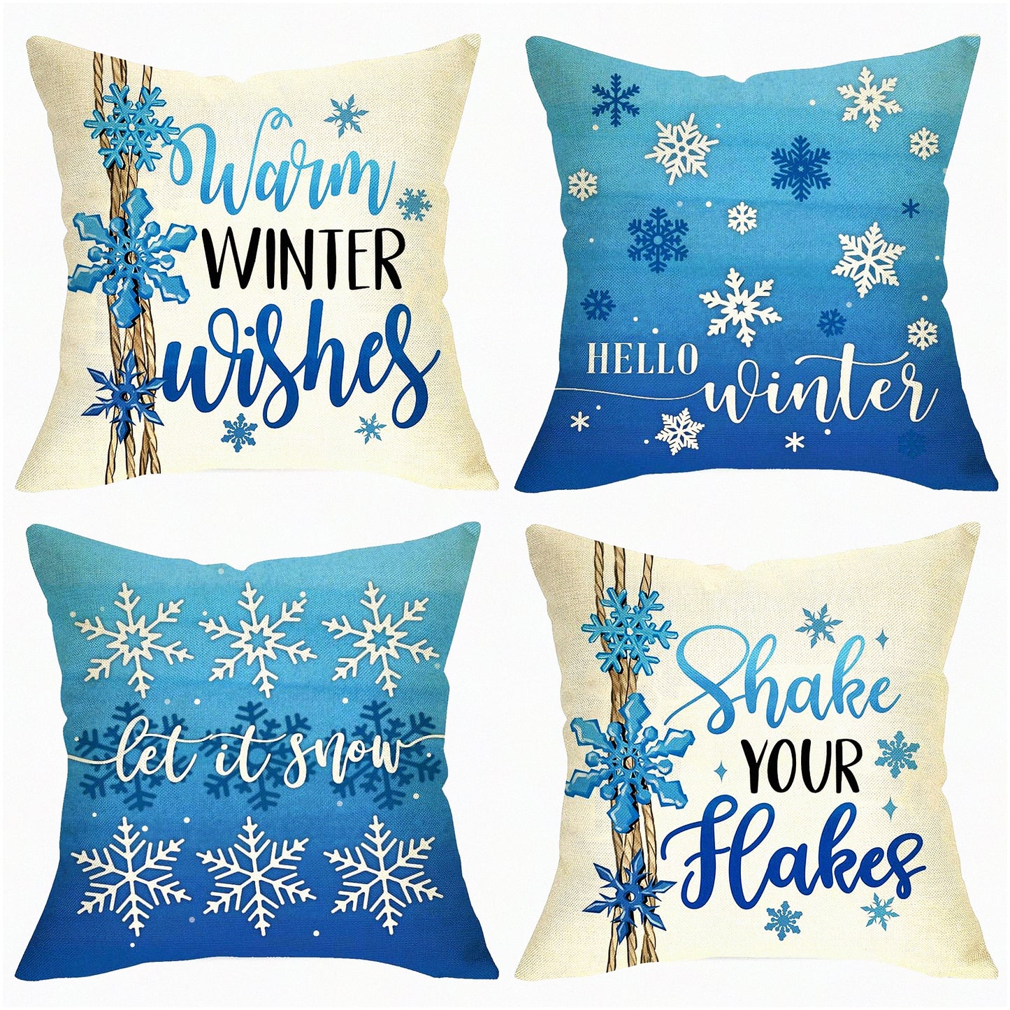 Winter Wonderland Snowflake Pillow Covers - Set of 4 | Shake Your Hakes Blue Cushion Cases | Let It Snow Holiday Decor - 18x18 | Seasonal Home Decoration - Warm Winter Wishes