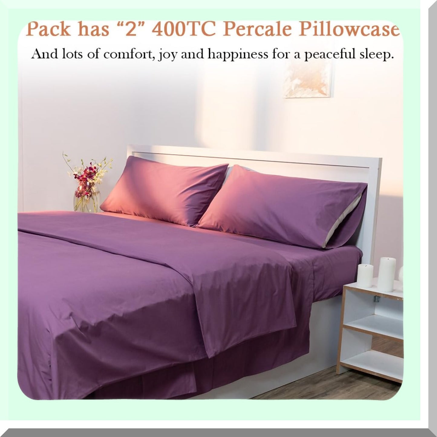 Luxury Cotton Pillowcase Set - 400 Thread Count, Long Staple, Silky Soft Pillow Covers - Durable & Natural Hotel Quality Bedding - Lavender Queen Size