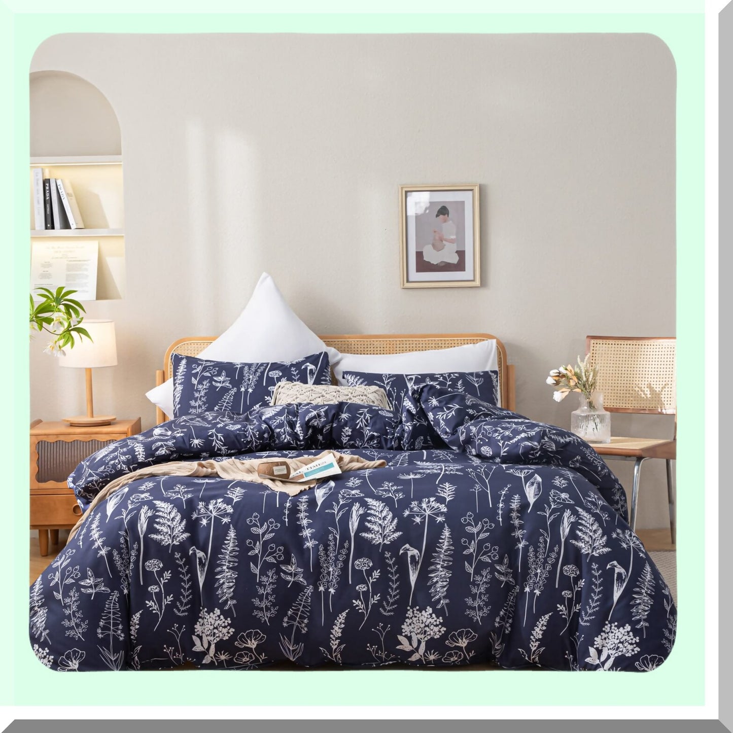Navy Blue Floral Microfiber Comforter Set - Queen Size Bedding with 2 Pillow Cases | Soft All Seasons Comforter Sets