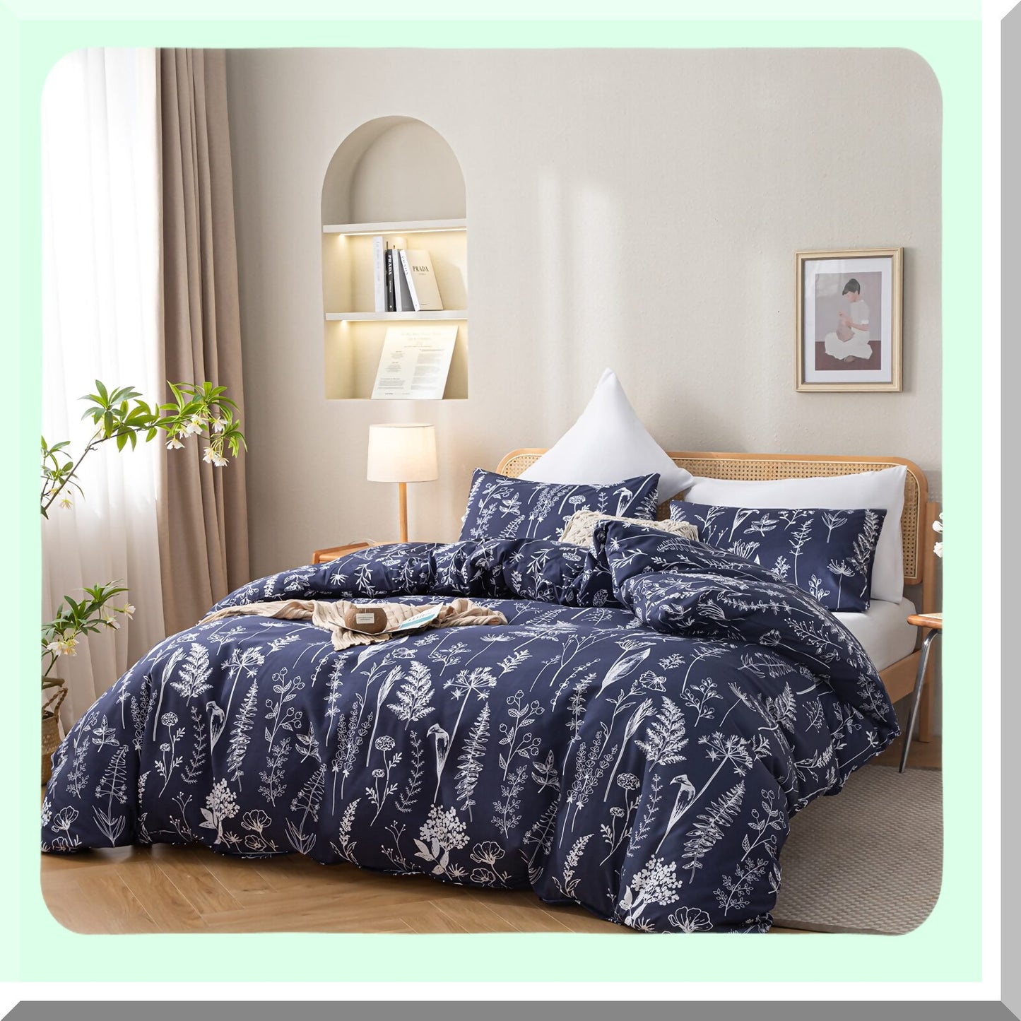 Navy Blue Floral Microfiber Comforter Set - Queen Size Bedding with 2 Pillow Cases | Soft All Seasons Comforter Sets