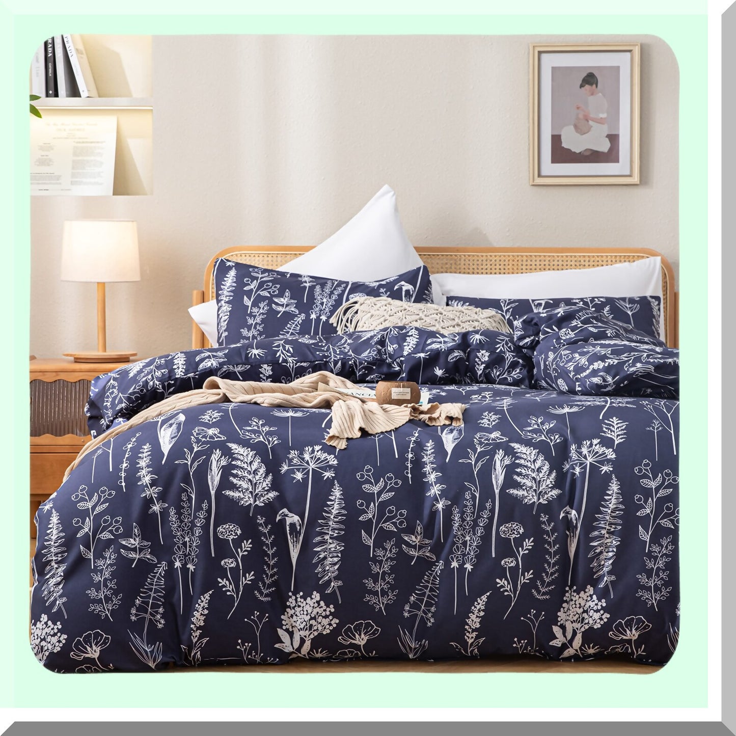 Navy Blue Floral Microfiber Comforter Set - Queen Size Bedding with 2 Pillow Cases | Soft All Seasons Comforter Sets