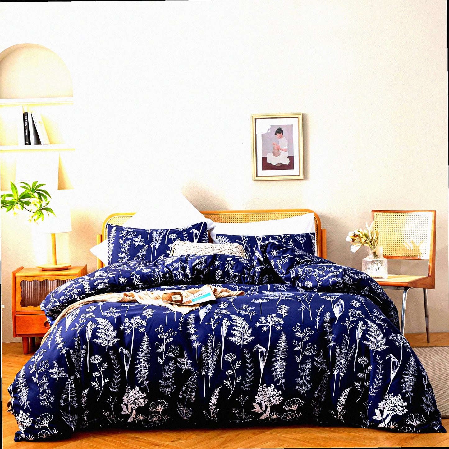 Navy Blue Floral Microfiber Comforter Set - Queen Size Bedding with 2 Pillow Cases | Soft All Seasons Comforter Sets