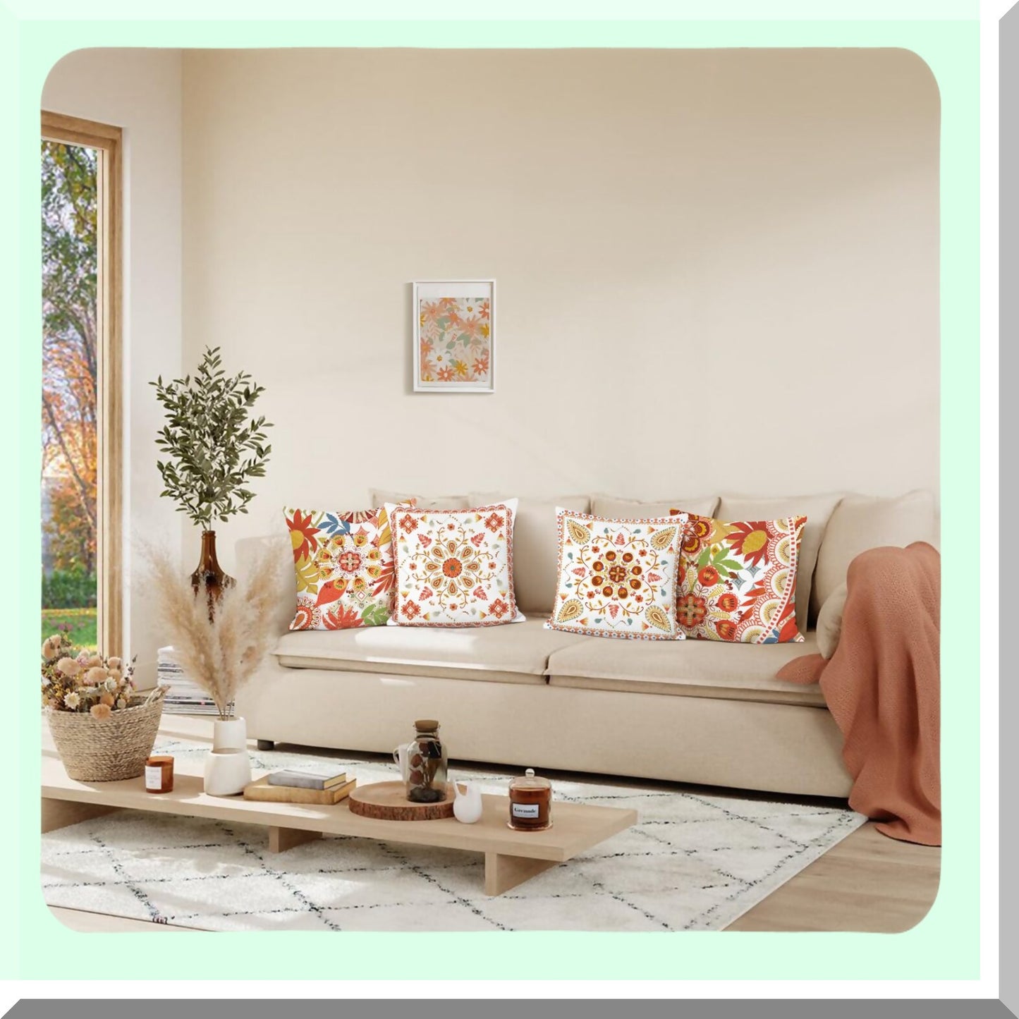 Orange Bloom Velvet Pillow Covers - Set of 4 | Boho Floral Decor Cushion Cases 18x18 for Couch, Sofa, Bed - Soft Home Decor Accents