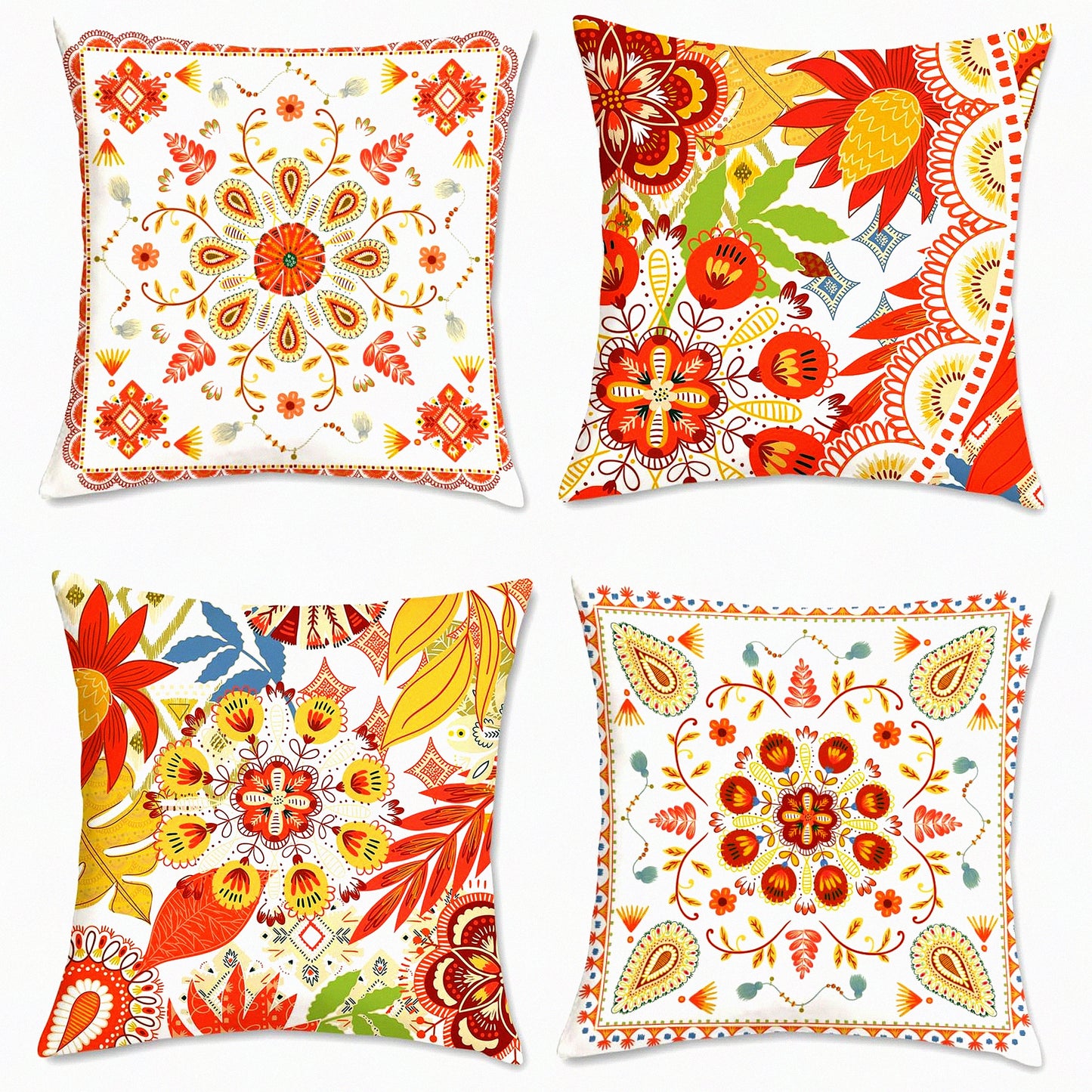 Orange Bloom Velvet Pillow Covers - Set of 4 | Boho Floral Decor Cushion Cases 18x18 for Couch, Sofa, Bed - Soft Home Decor Accents