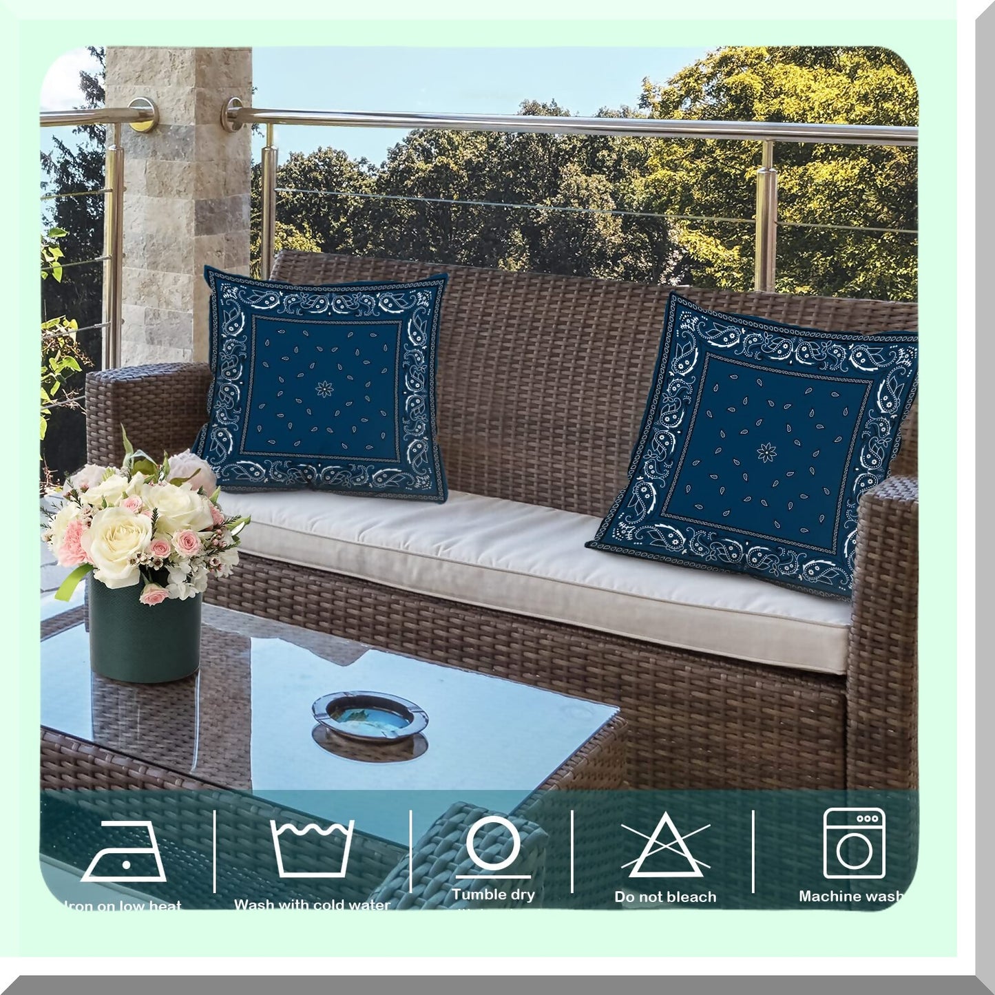 Floral Paisley Bandana Silk Pillow Covers - Set of 2, 18x18 Inch Decorative Cushion Throw Pillowcase for Outdoor Sofa and Couch