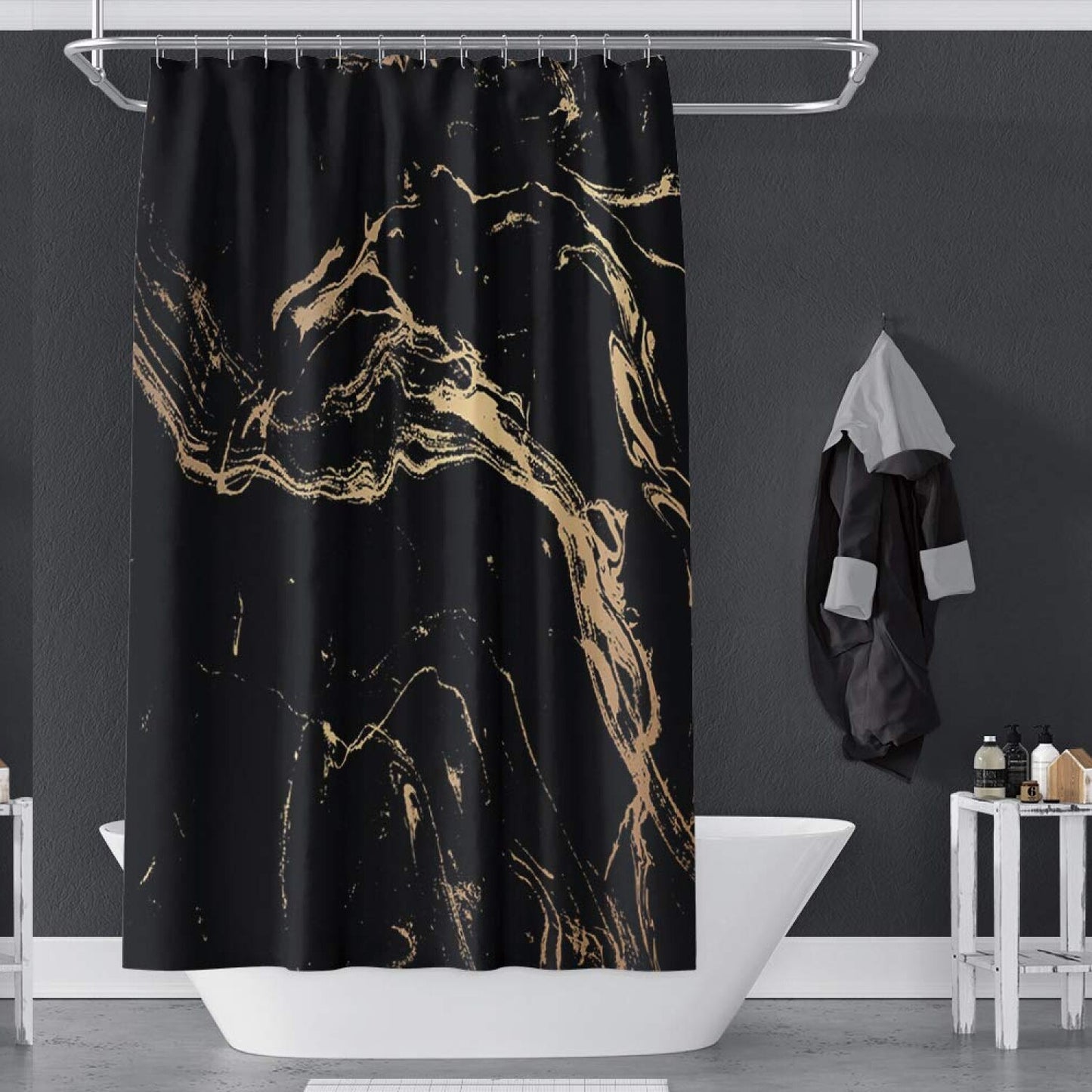 72x96inch Marble Texture Shower Curtain Black Waterproof Fabric