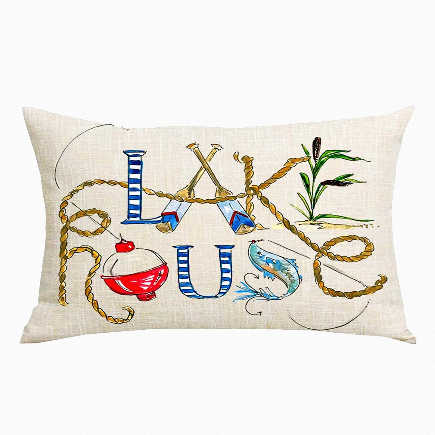 Blue Lake House Watercolor Decorative Pillowcase - Summer Home Sofa Chair Bed Decoration - Cotton Linen Throw Pillow Cover - 12 x 20 Inches