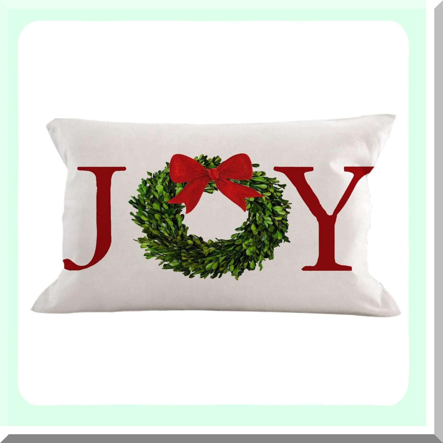 Holiday Joy Wreath Bow Pillow Cover - Farmhouse Rustic Cushion for Bed Chair Sofa Couch - 12x20 inch Rectangle Throw Pillow - Decorations