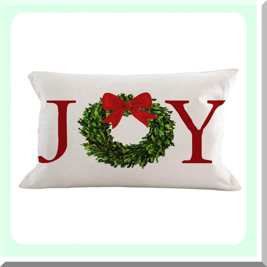 Holiday Joy Wreath Bow Pillow Cover - Farmhouse Rustic Cushion for Bed Chair Sofa Couch - 12x20 inch Rectangle Throw Pillow - Decorations