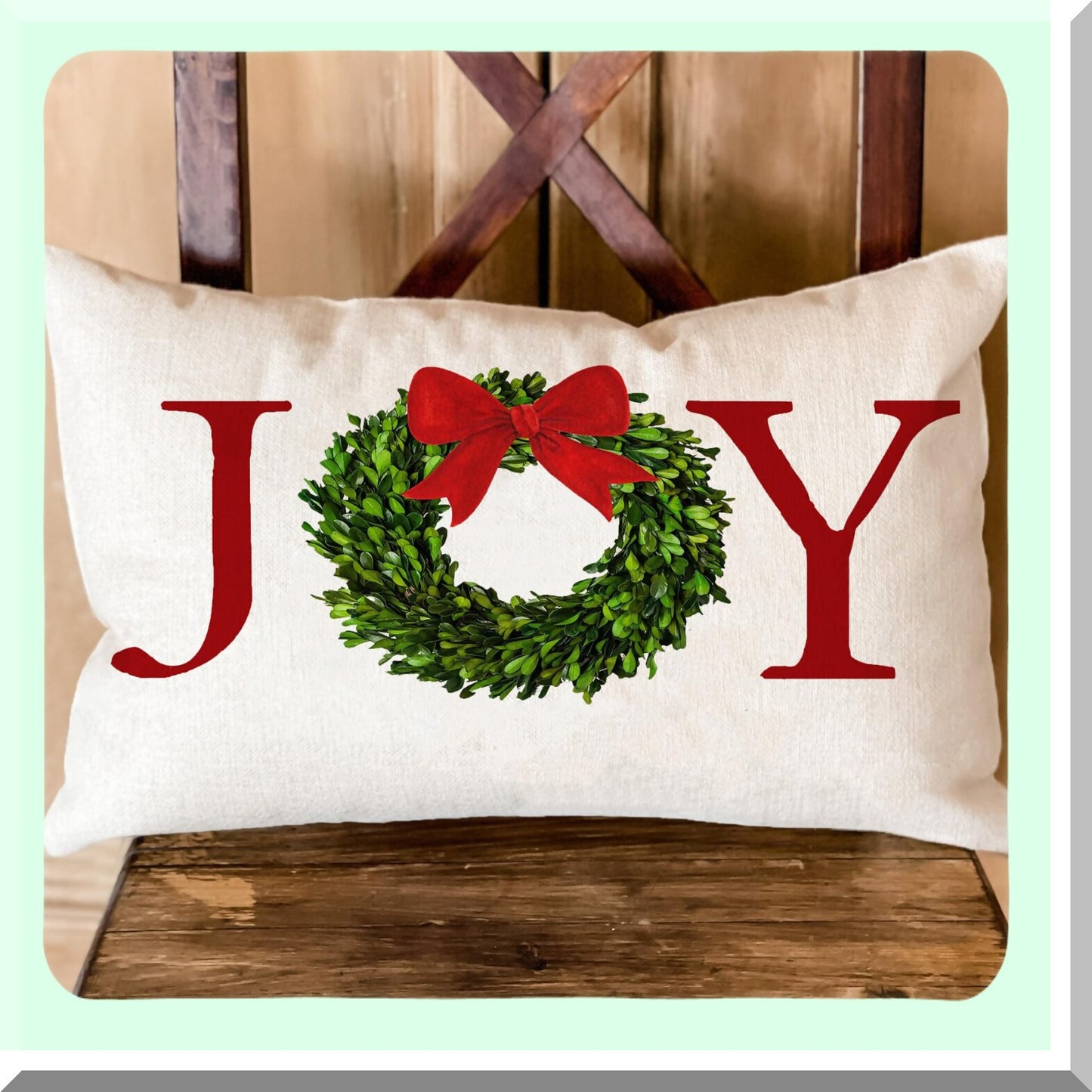 Holiday Joy Wreath Bow Pillow Cover - Farmhouse Rustic Cushion for Bed Chair Sofa Couch - 12x20 inch Rectangle Throw Pillow - Decorations