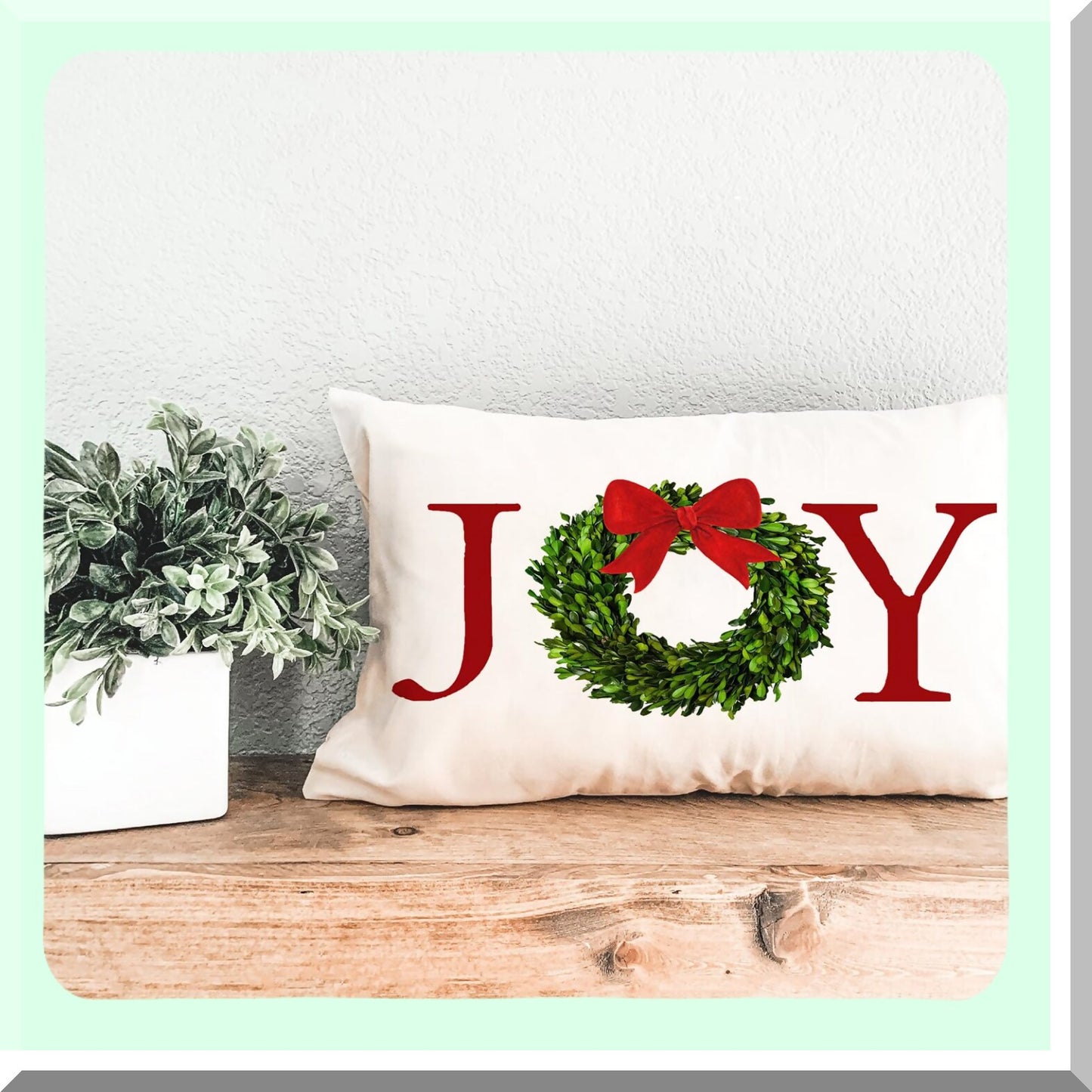 Holiday Joy Wreath Bow Pillow Cover - Farmhouse Rustic Cushion for Bed Chair Sofa Couch - 12x20 inch Rectangle Throw Pillow - Decorations