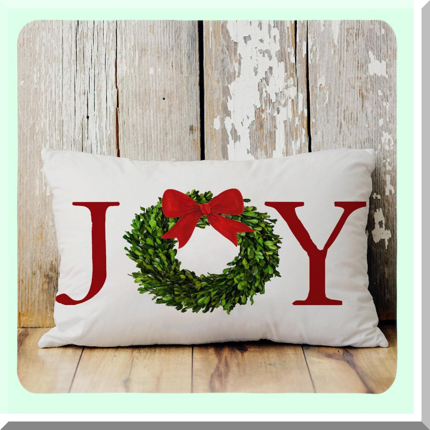 Holiday Joy Wreath Bow Pillow Cover - Farmhouse Rustic Cushion for Bed Chair Sofa Couch - 12x20 inch Rectangle Throw Pillow - Decorations