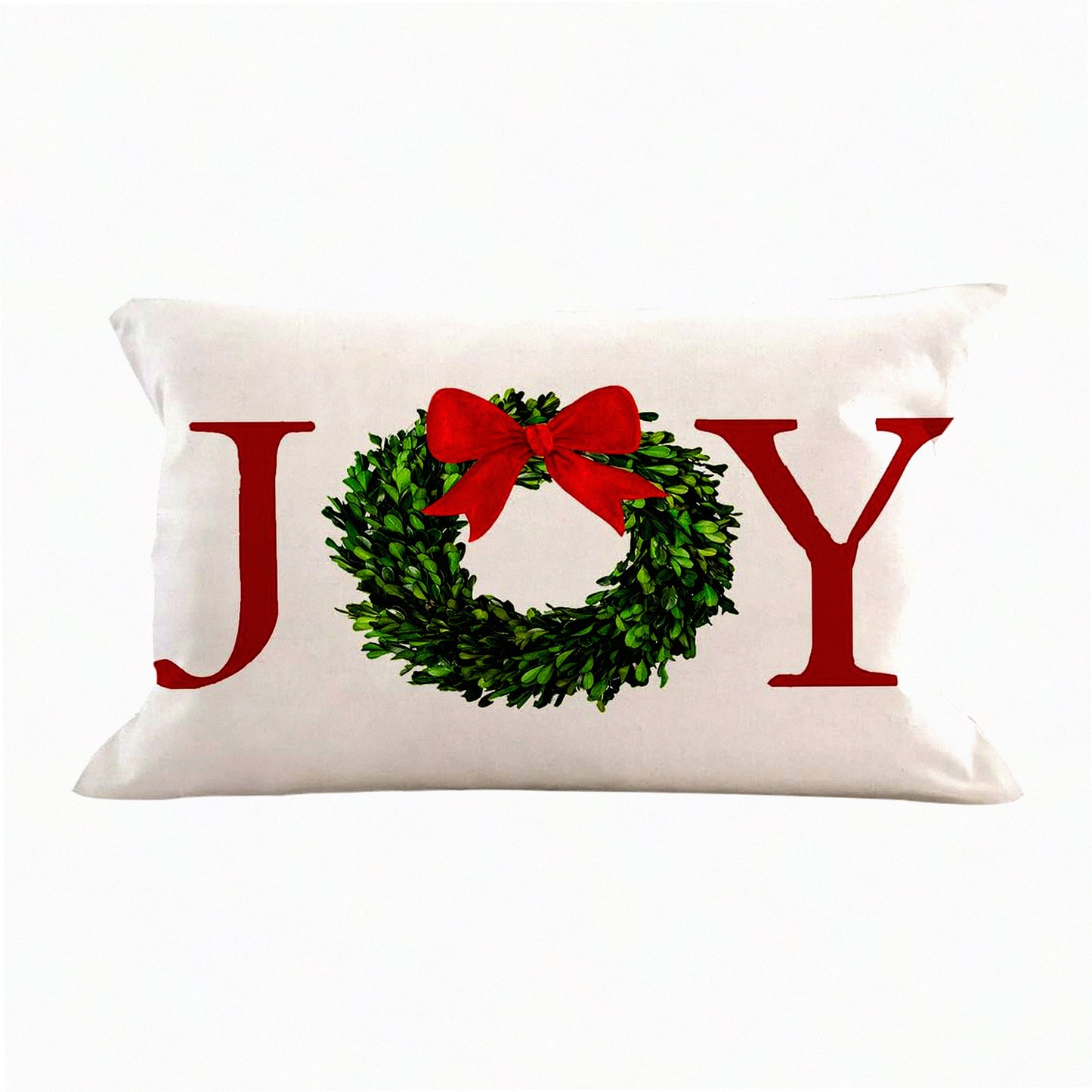Holiday Joy Wreath Bow Pillow Cover - Farmhouse Rustic Cushion for Bed Chair Sofa Couch - 12x20 inch Rectangle Throw Pillow - Decorations