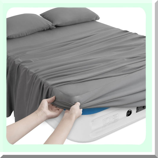 BreathEasy Queen Air Mattress Sheet Set - 4 Piece Deep Pocket Grey Sheets - Soft & Breathable Queen Size Sheets with Extra Deep Pocket up to 24 Inches