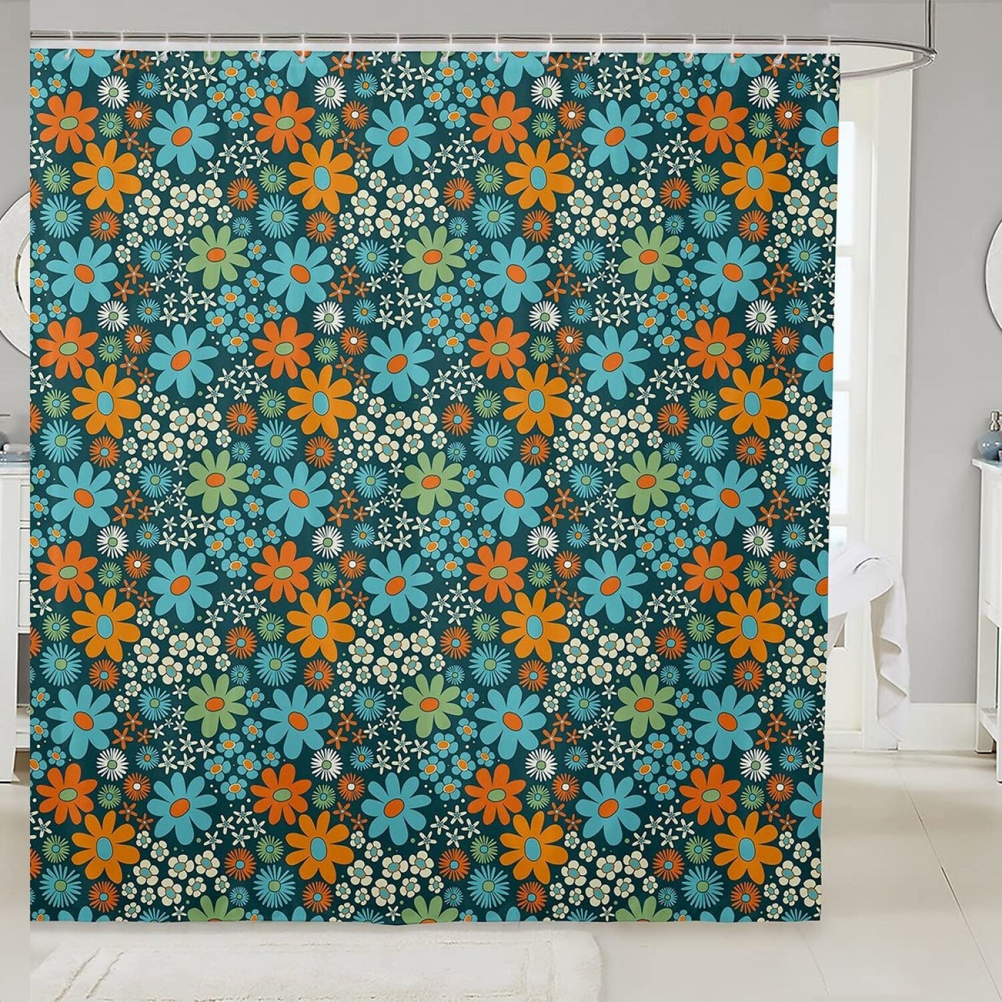 Retro Floral Fabric Shower Curtain 72x72 Inches Orange Blue Flowers