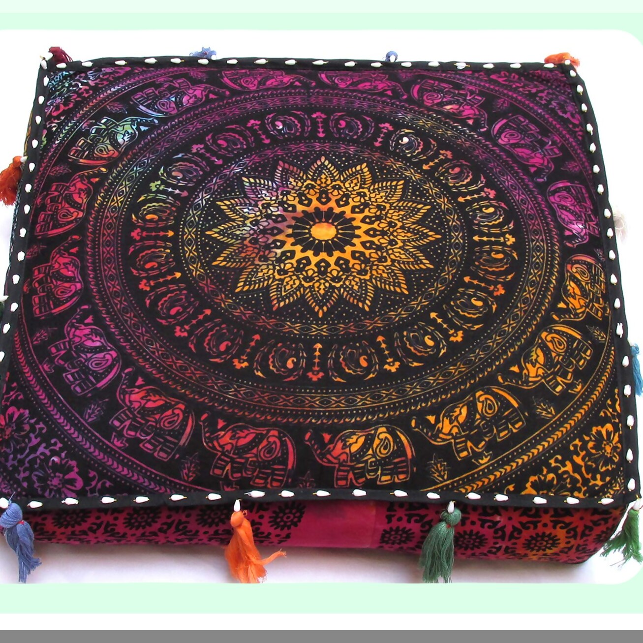 Bohemian Dream Floor Pillow Cover - Round Ottoman Pouf Cushion with Zipper, Elephant Flower Design - 18" Square - Dog Bed, Seating Poufs