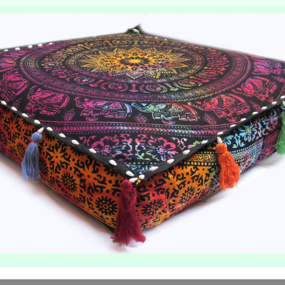 Bohemian Dream Floor Pillow Cover - Round Ottoman Pouf Cushion with Zipper, Elephant Flower Design - 18" Square - Dog Bed, Seating Poufs