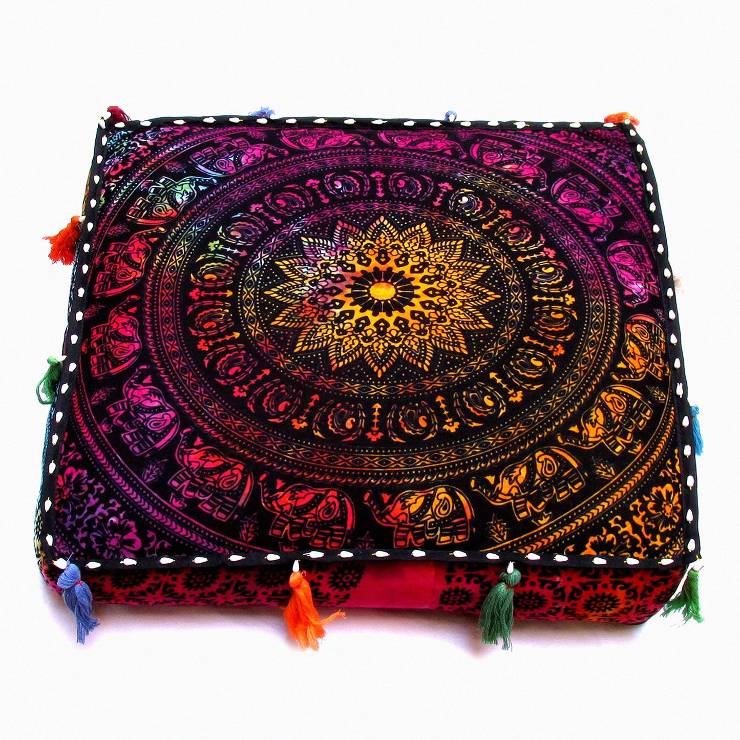 Bohemian Dream Floor Pillow Cover - Round Ottoman Pouf Cushion with Zipper, Elephant Flower Design - 18" Square - Dog Bed, Seating Poufs